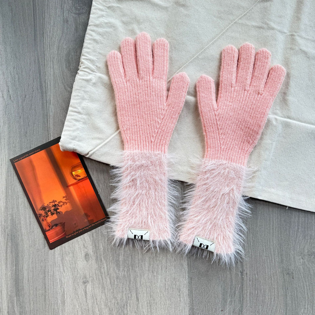 Soft glutinous rabbit fleece gloves girl sweet long leaky finger touch screen plush thick warm all-match cycling five-finger gloves